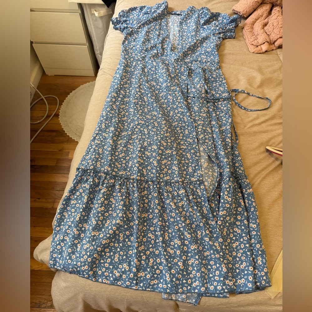 SHEIN Blue Maxi Wrap Dress with Tiered Design